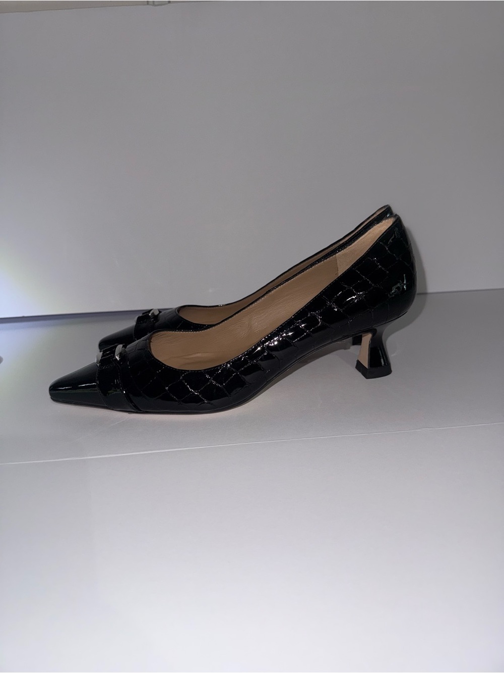 LK BENNETT Black Patent Quilted Pointed-Toe Kitten Heel Pumps   SIZE EUR 37